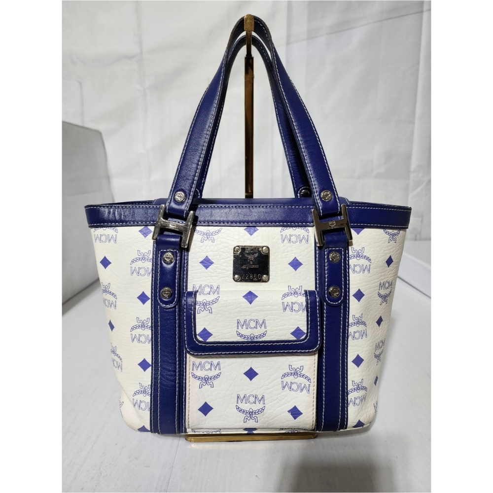 MCM Vintage Small Visetos Handle Bag White/Blue